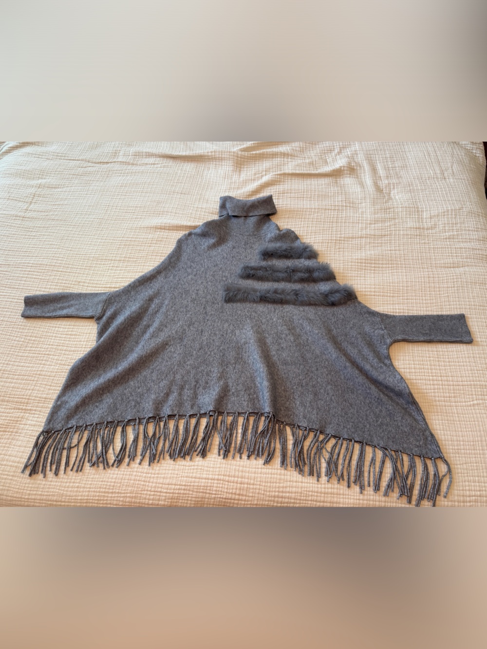 Gray Fringe Turtleneck Poncho with Faux Fur Trim